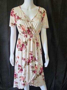 Floral Cottagecore Stretchy Lightweight Wrap Midi Maternity Dress  Cream & Pink